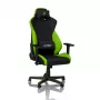 Spēļu krēsls Nitro Concepts S300 — auduma sēdeklis, regulējams augstums 128–140 cm, atzveltnes platums 56 cm, melns/zaļš