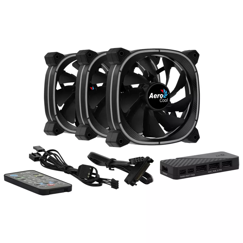 Aerocool ASTRO12PRO komplekts 3 ventilatori PC 12cm LED RGB pretvibrācijas tālvadības pults