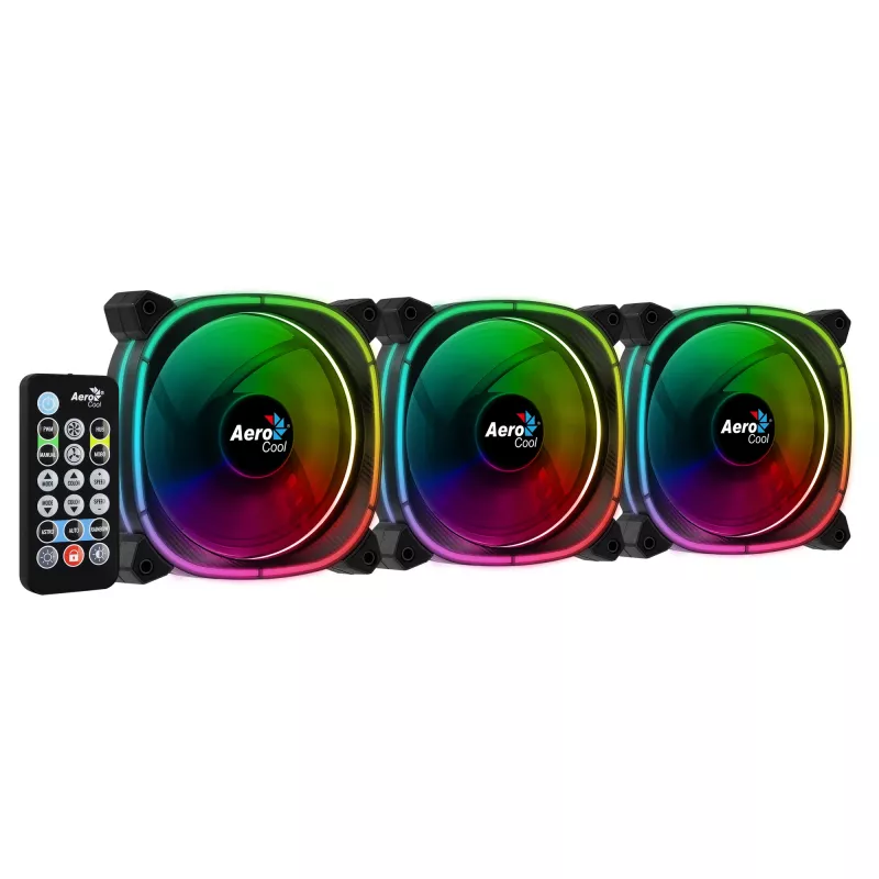 Aerocool ASTRO12PRO komplekts 3 ventilatori PC 12cm LED RGB pretvibrācijas tālvadības pults