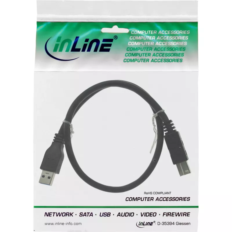 InLine USB 3.2 Gen.1 kabelis, A tipa vīriešu / B tipa vīriešu, melns, 3m
