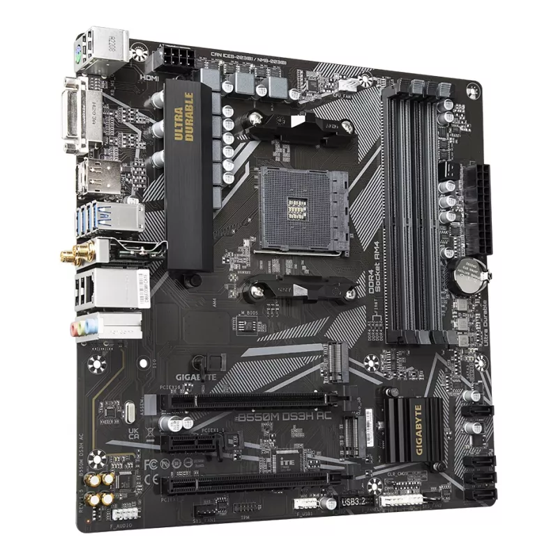 Mātesplate GIGABYTE B550M DS3H AC — AMD Ryzen 5000, 5+3 fāžu VRM, līdz 4733MHz DDR4, 1xPCIe 4.0 + 1xPCIe 3.0 M.2, Wi-Fi 5, 1GbE LAN, USB 3.2 Gen 1