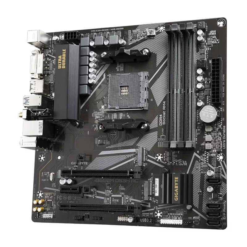 Mātesplate GIGABYTE B550M DS3H AC — AMD Ryzen 5000, 5+3 fāžu VRM, līdz 4733MHz DDR4, 1xPCIe 4.0 + 1xPCIe 3.0 M.2, Wi-Fi 5, 1GbE LAN, USB 3.2 Gen 1