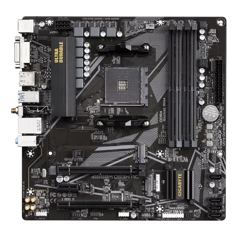 Mātesplate GIGABYTE B550M DS3H AC — AMD Ryzen 5000, 5+3 fāžu VRM, līdz 4733MHz DDR4, 1xPCIe 4.0 + 1xPCIe 3.0 M.2, Wi-Fi 5, 1GbE LAN, USB 3.2 Gen 1
