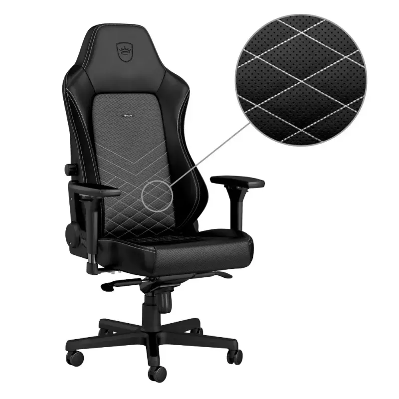 Spēļu krēsls noblechairs Hero PU Leather — polsterēts sēdeklis, polsterēta atzveltne, max augstums 137 cm, atzveltnes platums 57 cm