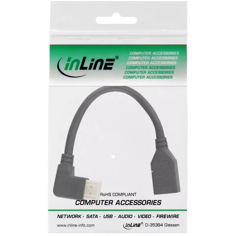InLine DisplayPort 1.4 adaptera kabelis M/F, 8K4K, kreisais leņķis, melns/zelta, 0,15 m
