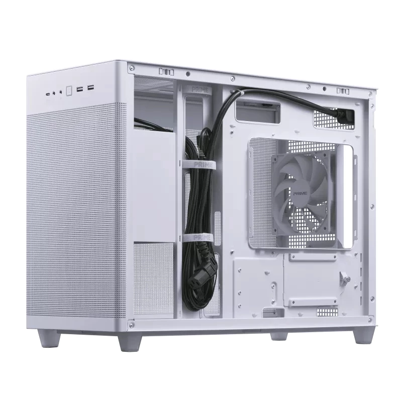 PC korpuss ASUS AP201 PRIME CASE TG WHITE Mini Tower — micro ATX, rūdīts stikls, 3×3.5 collu sloti, 1×2.5 collu slots, USB-A×2, USB-C×1