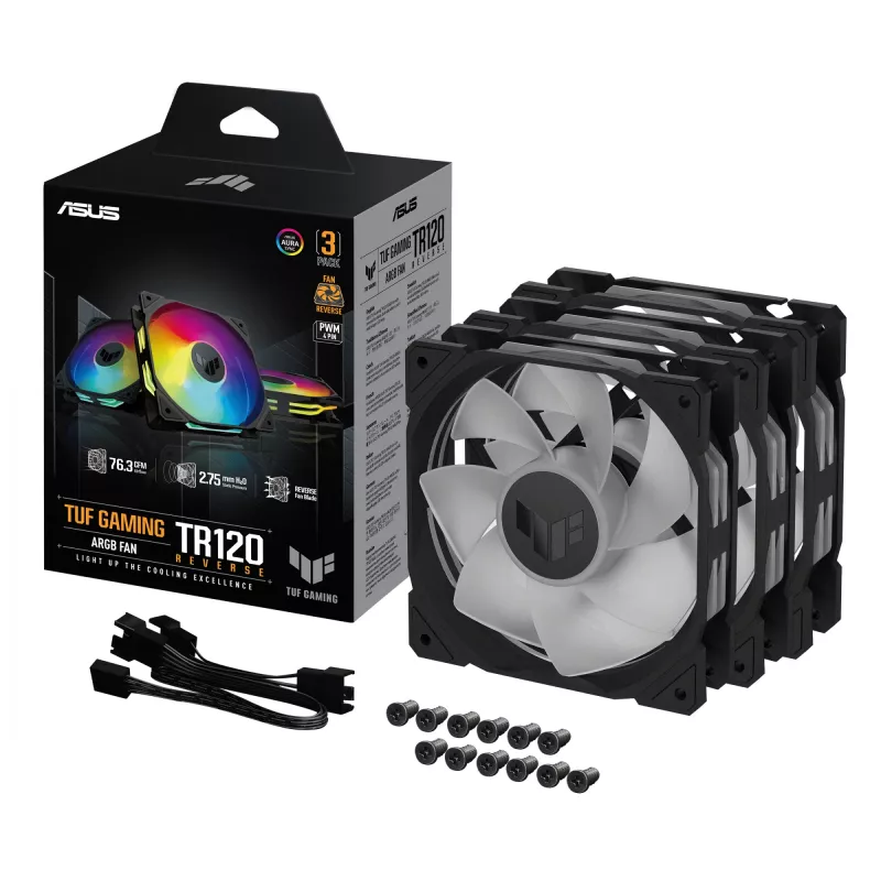 Ventilators ASUS TUF Gaming TR120 ARGB Reverse Triple Pack — 3×120 mm, 2200 RPM, PWM, 2.75 mmH2O, 16 LED, Melns