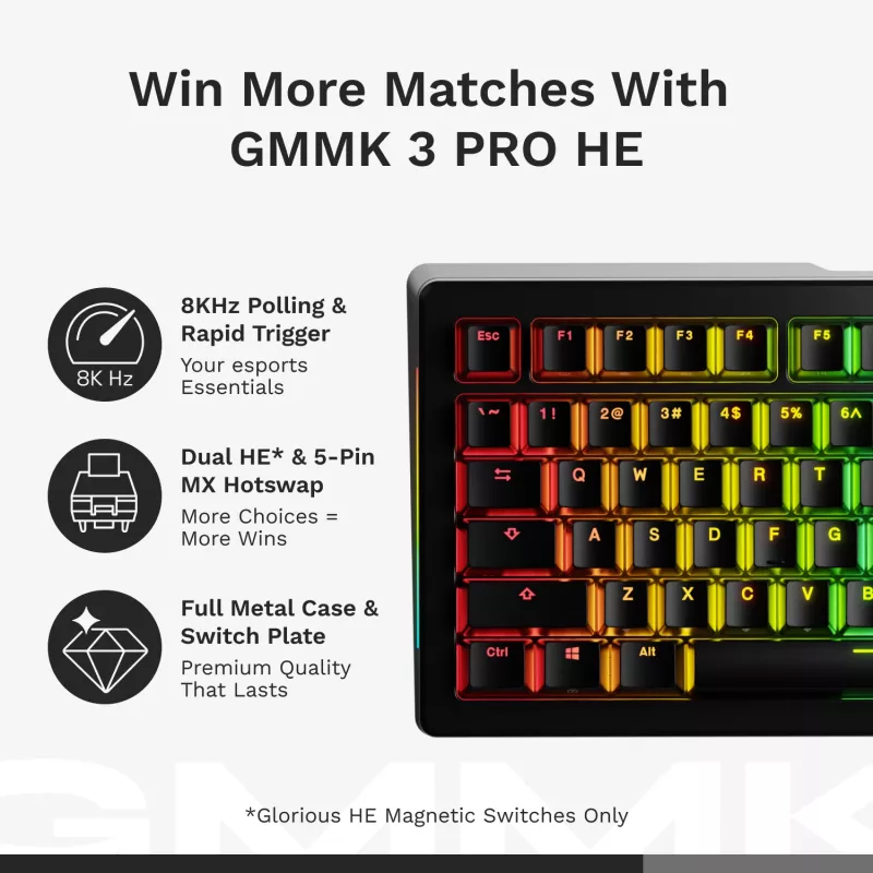 Mehāniskā spēļu tastatūra GLORIOUS GMMK 3 PRO HE 75% vadu USB, QWERTY, RGB, melna