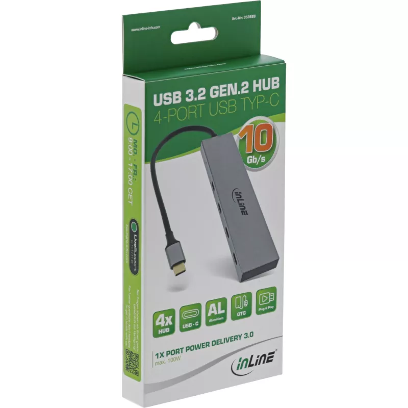 InLine USB 3.2 Gen.2 Hubs (10Gb/s), 4 porti USB-C, OTG, alumīnija korpuss
