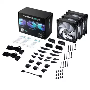 Korpusa ventilators PHANTEKS PH-F140D30 140 mm, 2-ātrumu, 250–1800 RPM, 71,76 CFM, dubultā lodīšu gultnis, 12 V, melns (3 gab.)
