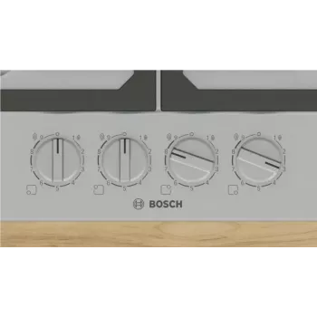 Iebūvējamā gāzes plīts virsma Bosch PCH6A5I90 — 60 cm, nerūsējošais tērauds, 4 gāzes zonas + 1 wok, Flame Select, čuguna katlu balsti