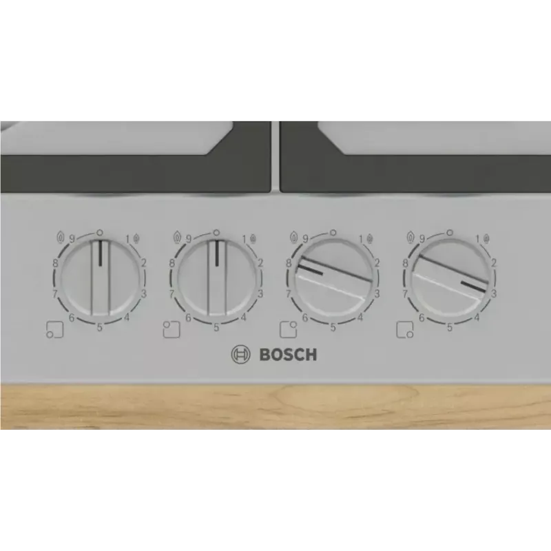 Iebūvējamā gāzes plīts virsma Bosch PCH6A5I90 — 60 cm, nerūsējošais tērauds, 4 gāzes zonas + 1 wok, Flame Select, čuguna katlu balsti