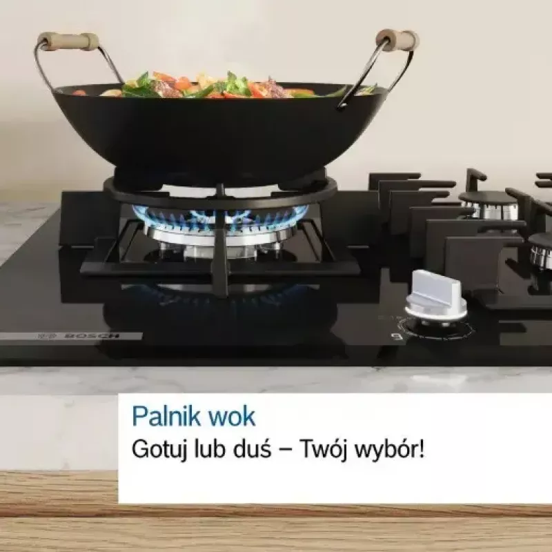 Iebūvējamā gāzes plīts virsma Bosch PCH6A5I90 — 60 cm, nerūsējošais tērauds, 4 gāzes zonas + 1 wok, Flame Select, čuguna katlu balsti
