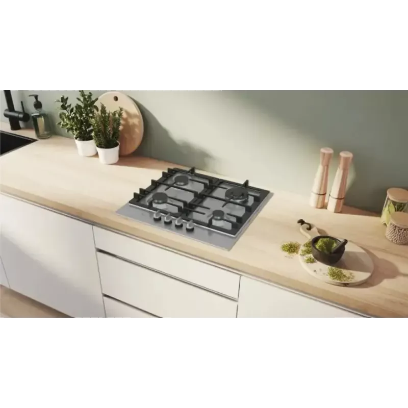Iebūvējamā gāzes plīts virsma Bosch PCH6A5I90 — 60 cm, nerūsējošais tērauds, 4 gāzes zonas + 1 wok, Flame Select, čuguna katlu balsti