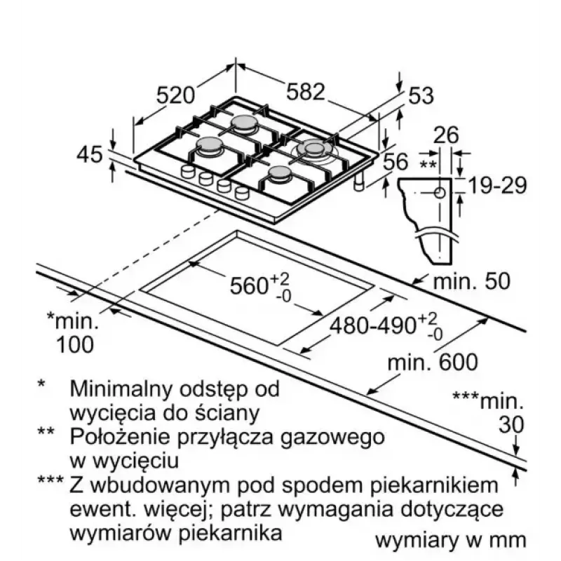 Iebūvējamā gāzes plīts virsma Bosch PCH6A5I90 — 60 cm, nerūsējošais tērauds, 4 gāzes zonas + 1 wok, Flame Select, čuguna katlu balsti