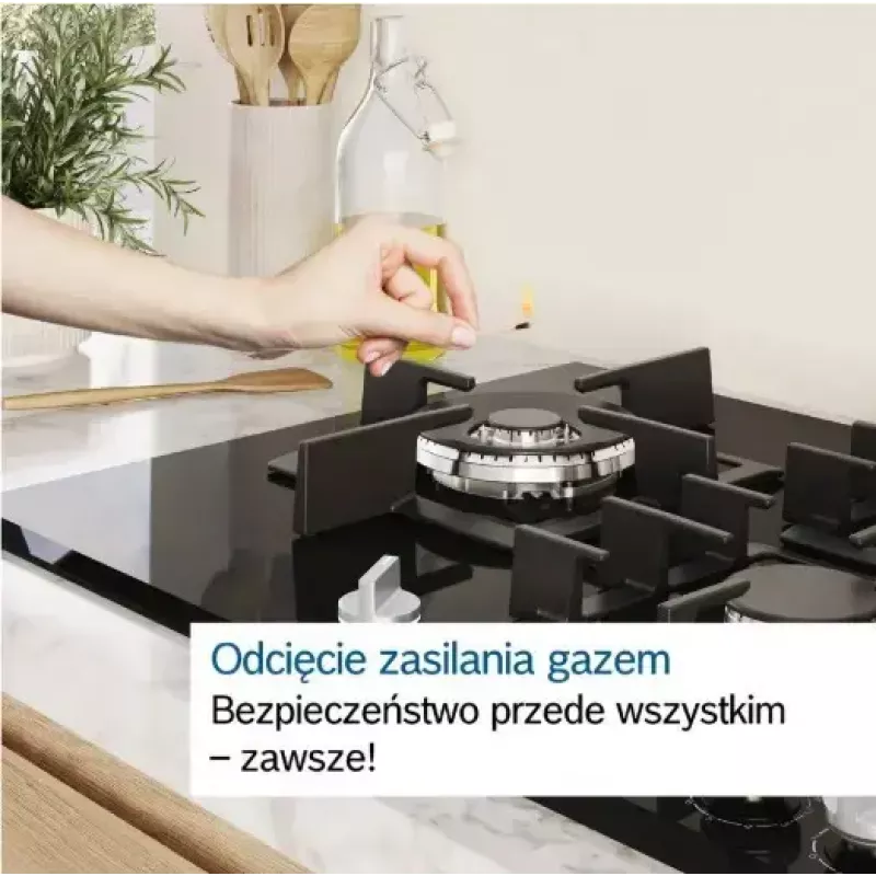 Iebūvējamā gāzes plīts virsma Bosch PCH6A5I90 — 60 cm, nerūsējošais tērauds, 4 gāzes zonas + 1 wok, Flame Select, čuguna katlu balsti