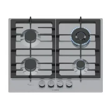 Iebūvējamā gāzes plīts virsma Bosch PCH6A5I90 — 60 cm, nerūsējošais tērauds, 4 gāzes zonas + 1 wok, Flame Select, čuguna katlu balsti
