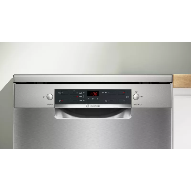 Trauku mazgājamā mašīna Bosch Serie 2 SMS25GI09F — brīvstāvoša, 12 komplekti, 60 cm, 46 dB, siltummaiņa žāvēšana