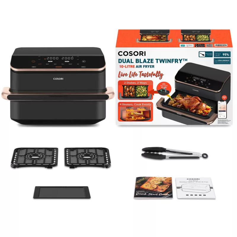 Cosori Dual Blaze Twinfry Chef Edition Dubultā 10 L 2800 W Karstā gaisa fritieris Tumši Pelēks, Rozā Zelts