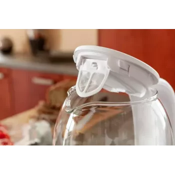 Elektriskā tējkanna Eldom C510B 1,7 L 2200 W Balta — stikla un plastmasas korpuss, pogas vāks, bezvadu 360° pamatne