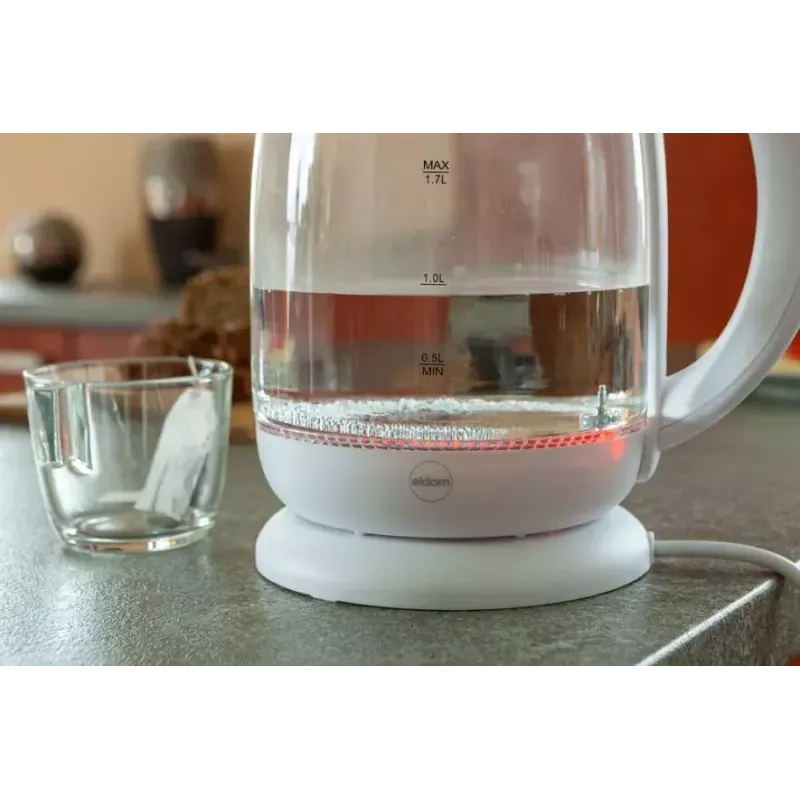 Elektriskā tējkanna Eldom C510B 1,7 L 2200 W Balta — stikla un plastmasas korpuss, pogas vāks, bezvadu 360° pamatne