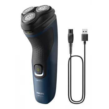 Philips S1151/00 elektriskais skuveklis vīriešiem, rotējošas 3 galviņas, NiMH akumulators, slapjā/sausā skūšana, 40 min darbība, melns/zils