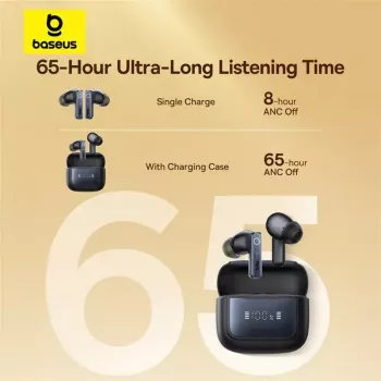 Bezvadu austiņas Baseus 35 True — Bluetooth 5.3, ANC, 8 h atskaņošana (bez ANC), 65 h ar kastīti, 800 mAh kastīte, USB-C, melna
