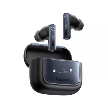 Bezvadu austiņas Baseus 35 True — Bluetooth 5.3, ANC, 8 h atskaņošana (bez ANC), 65 h ar kastīti, 800 mAh kastīte, USB-C, melna