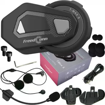 Motociklista austiņas FreedConn T-MAX S V4 PRO SINGLE — Bluetooth 5.1, intercom līdz 1000 m, FM radio, 11 h sarunu laiks, LiPo 500 mAh