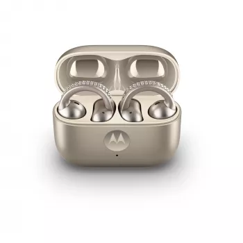 Austiņas Motorola Moto Buds Loop Bluetooth pie auss stiprināmas, Dolby Atmos, Bluetooth 5.0, ANC, 8 h atskaņošana, uzlādes futrālis 520 mAh, bēšs