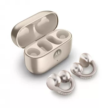 Austiņas Motorola Moto Buds Loop Bluetooth pie auss stiprināmas, Dolby Atmos, Bluetooth 5.0, ANC, 8 h atskaņošana, uzlādes futrālis 520 mAh, bēšs