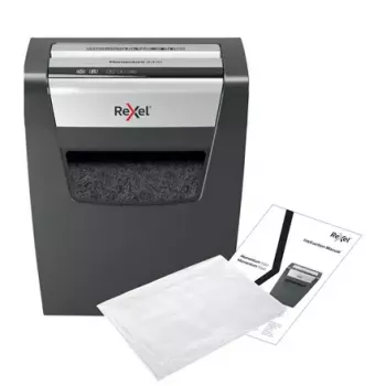 Papīra smalcinātājs REXEL Momentum X410 — daļiņu griezums P-4, 4 x 28 mm, 10 lapu ietilpība, 23 L grozs, pretiestrēgšanas funkcija