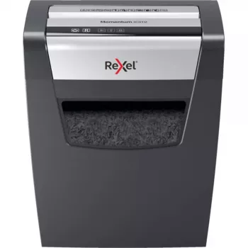Papīra smalcinātājs REXEL Momentum X410 — daļiņu griezums P-4, 4 x 28 mm, 10 lapu ietilpība, 23 L grozs, pretiestrēgšanas funkcija