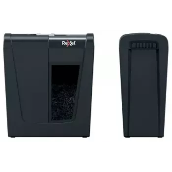 Papīra smalcinātājs REXEL Secure S5 — sloksnes smalcinātājs, 5 lapu ietilpība, 6 mm griezums, 10 L grozs, P-2 drošība, melns