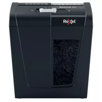 Papīra smalcinātājs REXEL Secure S5 — sloksnes smalcinātājs, 5 lapu ietilpība, 6 mm griezums, 10 L grozs, P-2 drošība, melns