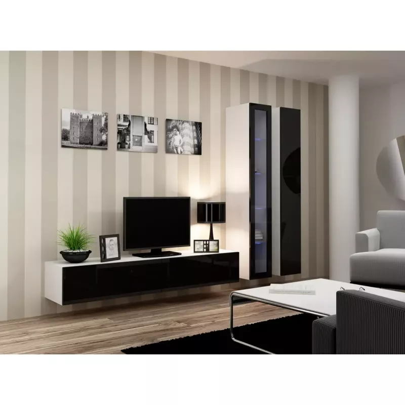 Pie sienas montējams vitrīnas skapis cama meble VIGO 180 1800×400×300 mm balts/melns spīdums