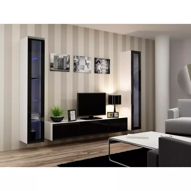 Pie sienas montējams vitrīnas skapis cama meble VIGO 180 1800×400×300 mm balts/melns spīdums
