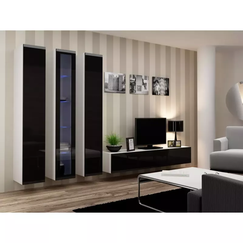 Pie sienas montējams vitrīnas skapis cama meble VIGO 180 1800×400×300 mm balts/melns spīdums