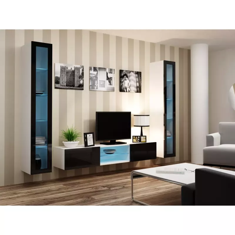 Pie sienas montējams vitrīnas skapis cama meble VIGO 180 1800×400×300 mm balts/melns spīdums
