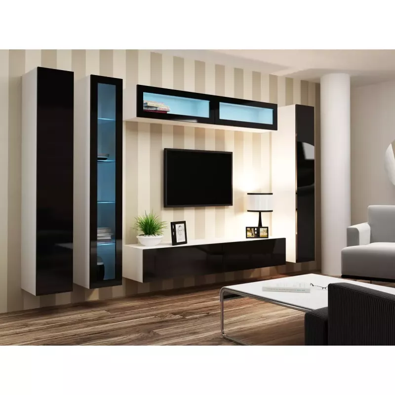 Pie sienas montējams vitrīnas skapis cama meble VIGO 180 1800×400×300 mm balts/melns spīdums