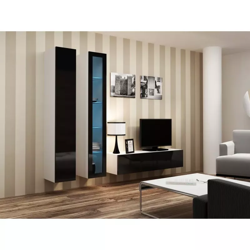 Pie sienas montējams vitrīnas skapis cama meble VIGO 180 1800×400×300 mm balts/melns spīdums