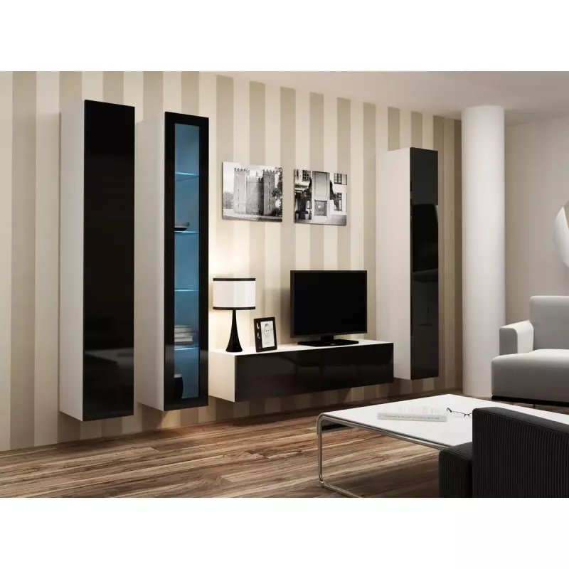 Pie sienas montējams vitrīnas skapis cama meble VIGO 180 1800×400×300 mm balts/melns spīdums