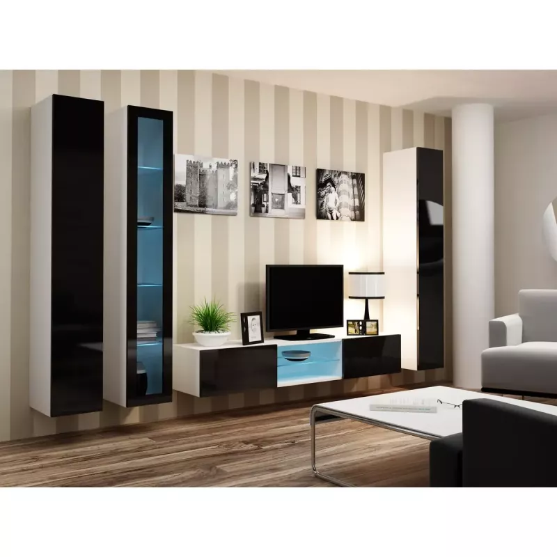 Pie sienas montējams vitrīnas skapis cama meble VIGO 180 1800×400×300 mm balts/melns spīdums