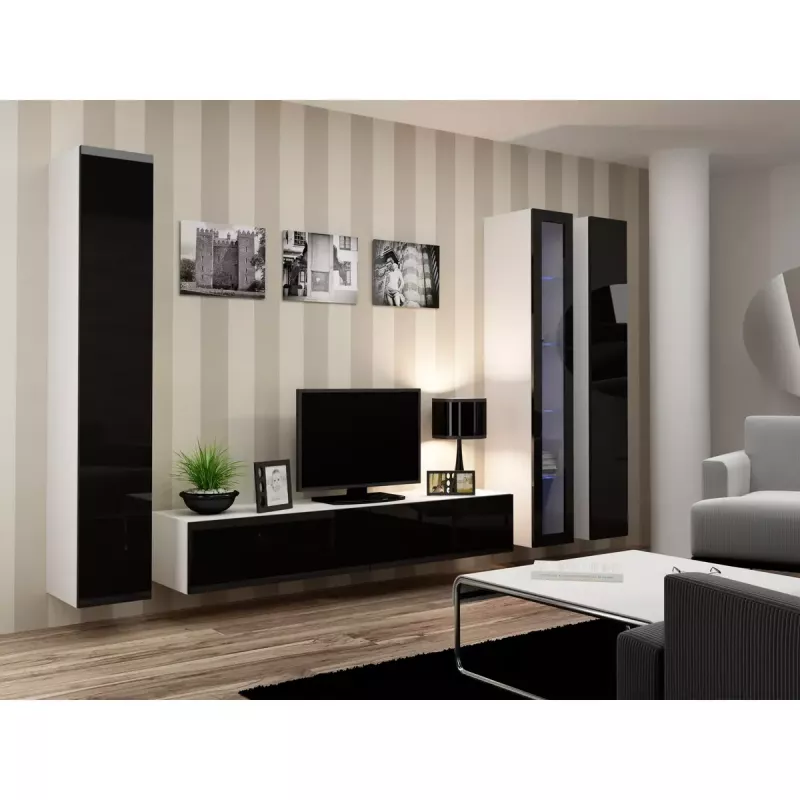 Pie sienas montējams vitrīnas skapis cama meble VIGO 180 1800×400×300 mm balts/melns spīdums