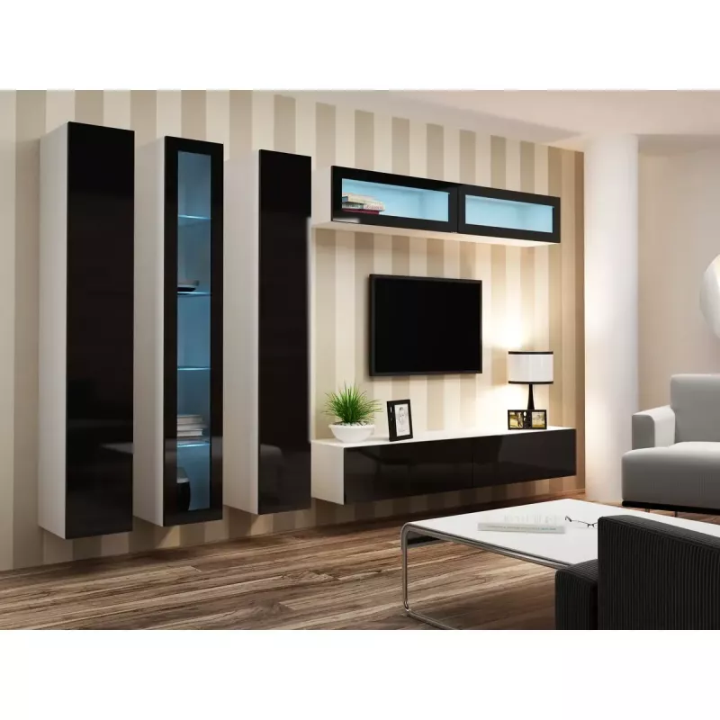 Pie sienas montējams vitrīnas skapis cama meble VIGO 90 — stikla priekšpuse 90×35×32 cm balts/melns spīdums