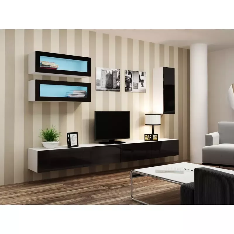 Pie sienas montējams vitrīnas skapis cama meble VIGO 90 — stikla priekšpuse 90×35×32 cm balts/melns spīdums