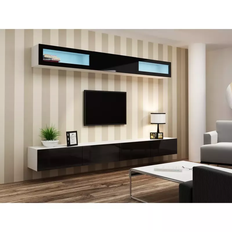 Pie sienas montējams vitrīnas skapis cama meble VIGO 90 — stikla priekšpuse 90×35×32 cm balts/melns spīdums