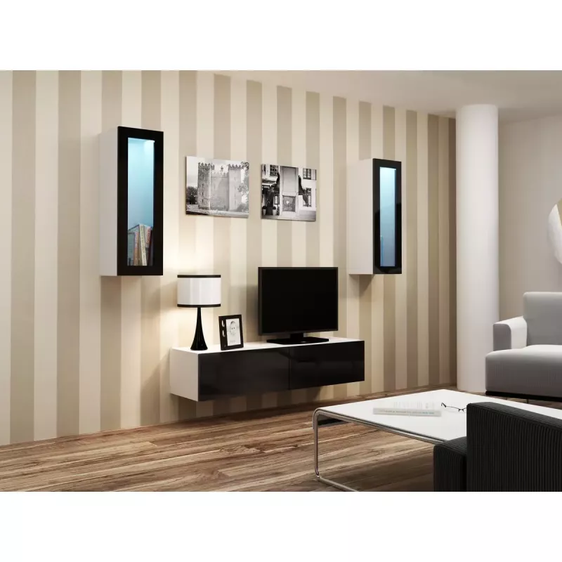 Pie sienas montējams vitrīnas skapis cama meble VIGO 90 — stikla priekšpuse 90×35×32 cm balts/melns spīdums