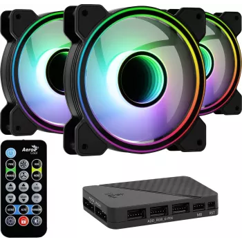 Aerocool MIRAGE12PRO Kit 3x Ventilators PC 12cm ARGB 6 Pinu Hub Melns