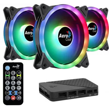 Aerocool DUO12PRO komplekts 3x ventilators 12cm ARGB LED dubultgredzens pretvibrācijas 6 kontaktu melns